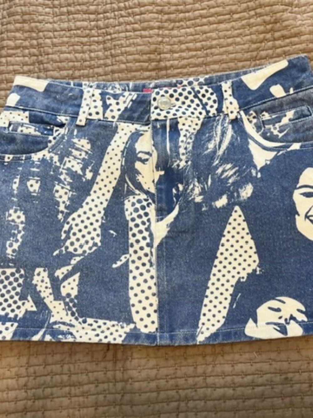 Edikted blue and white polka dot denim pop art skirt-small